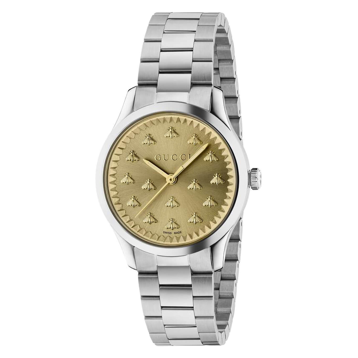 Gucci G-Timeless 32mm Gold Dial Steel Bracelet Watch