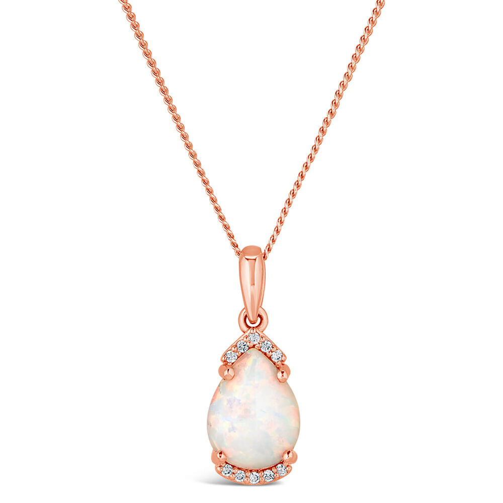 9ct Rose Gold Pear Opal With Diamond Top Bottom Pendant