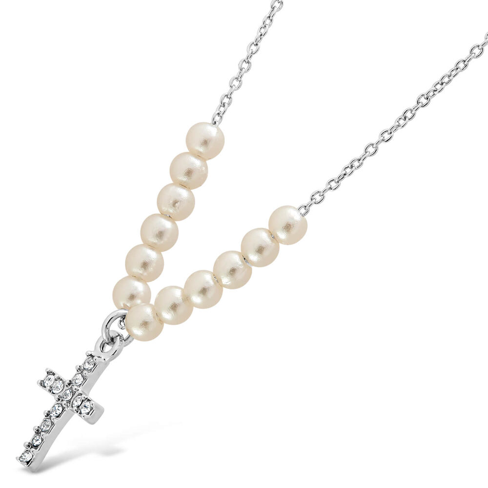 Silver Plated Pearl Chain With Cubic Zirconia Cross