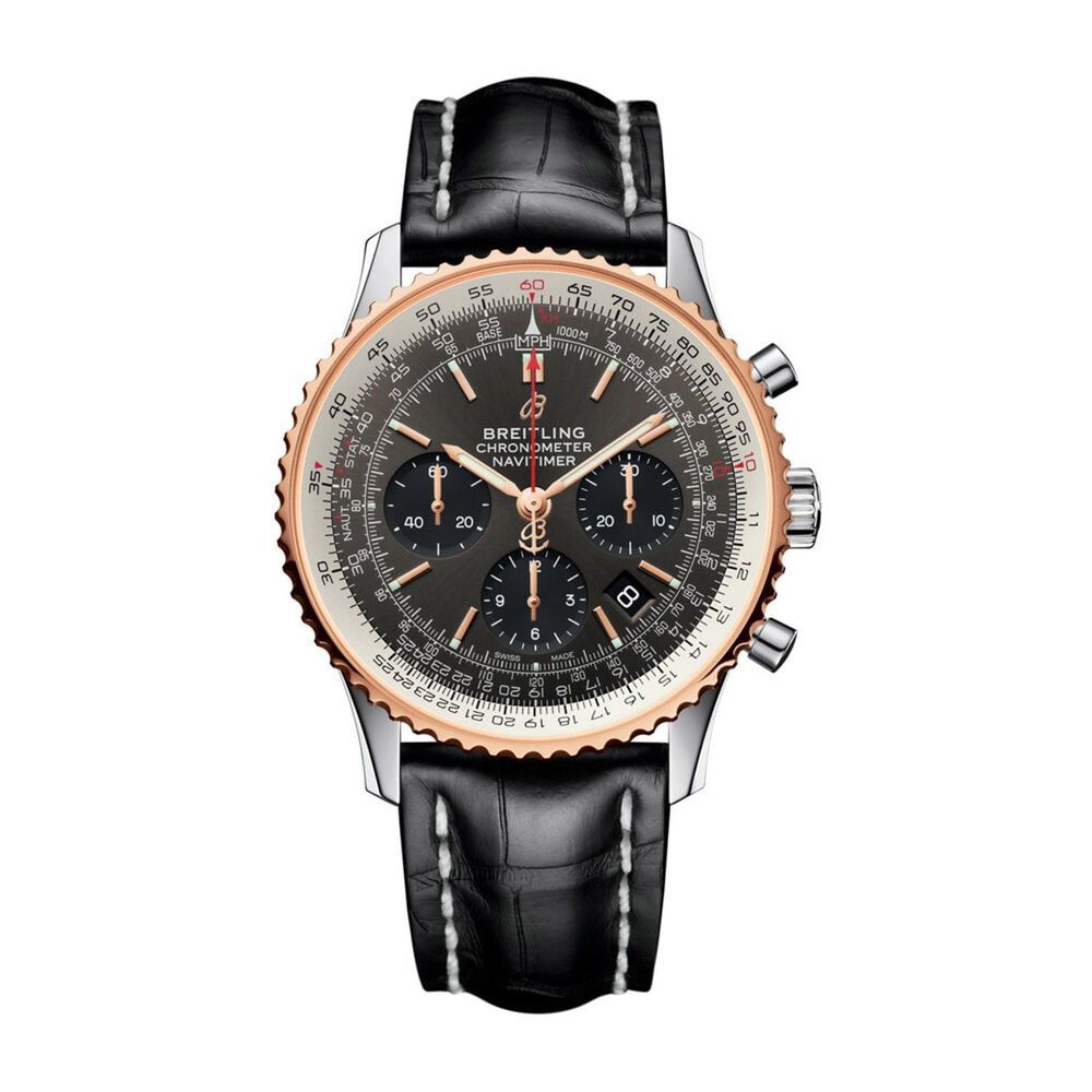 Pre-Owned Breitling Navitimer 1 43mm Grey Chronograph Dial Black Leather Strap Watch