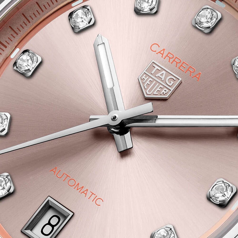 TAG Heuer Carrera Date 36mm Pink Dial Diamond Dots Stainless Steel Bracelet Watch image number 1