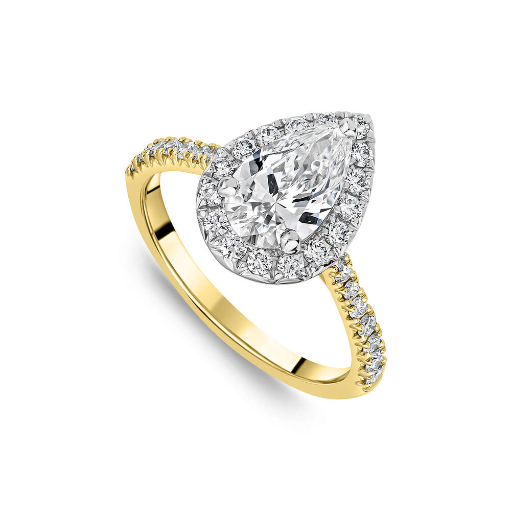 Born 18ct Yellow Gold 1.61ct Lab Grown Pear Halo & Diamond Sides Ring
