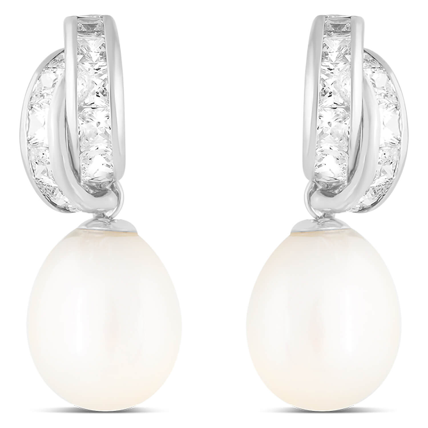 9ct White Gold Double Chain Cultured Pearl Earrings