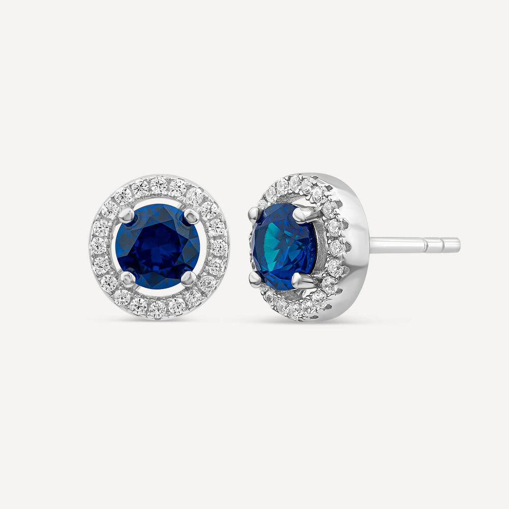 Sterling Silver Blue Centre Stone & Cubic Zirconia Halo Stud Earrings