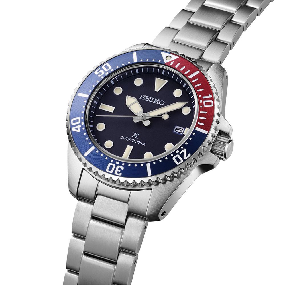 Seiko Prospex Solar Diver’s 41mm Blue Dial Red & Blue Bezel Stainless Steel Bracelet Watch image number 2