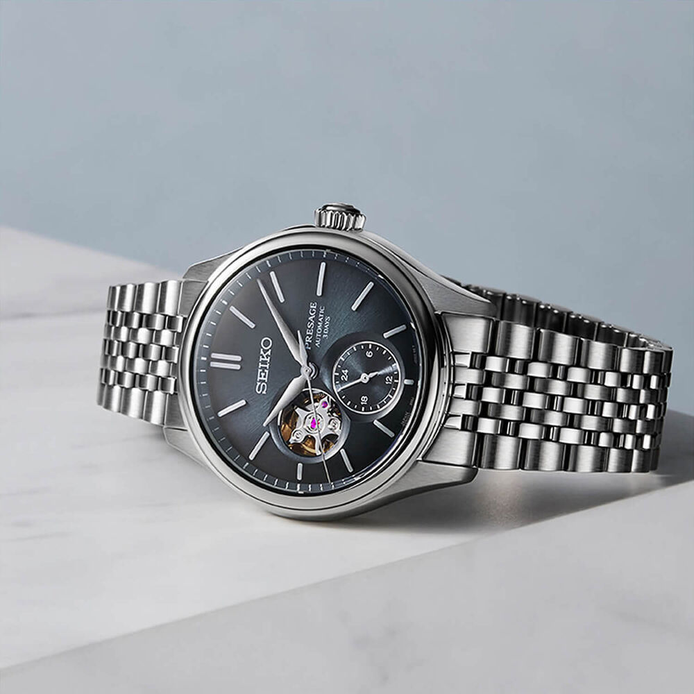 Seiko Presage Classic Open Heart 'Ai-iro' Japan Blue 40mm Dial Steel Bracelet Watch image number 4