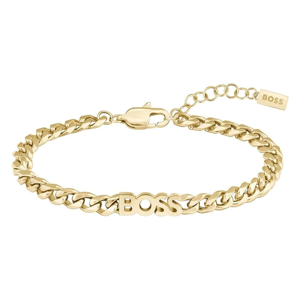 BOSS Kassy Yellow Gold Curb Chain Logo Stainless Steel Bracelet