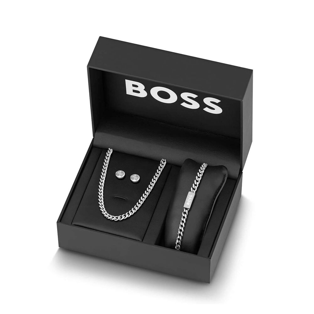 BOSS Chain For Him Stainless Steel Necklace & Bracelet & Stud Earrings Set
