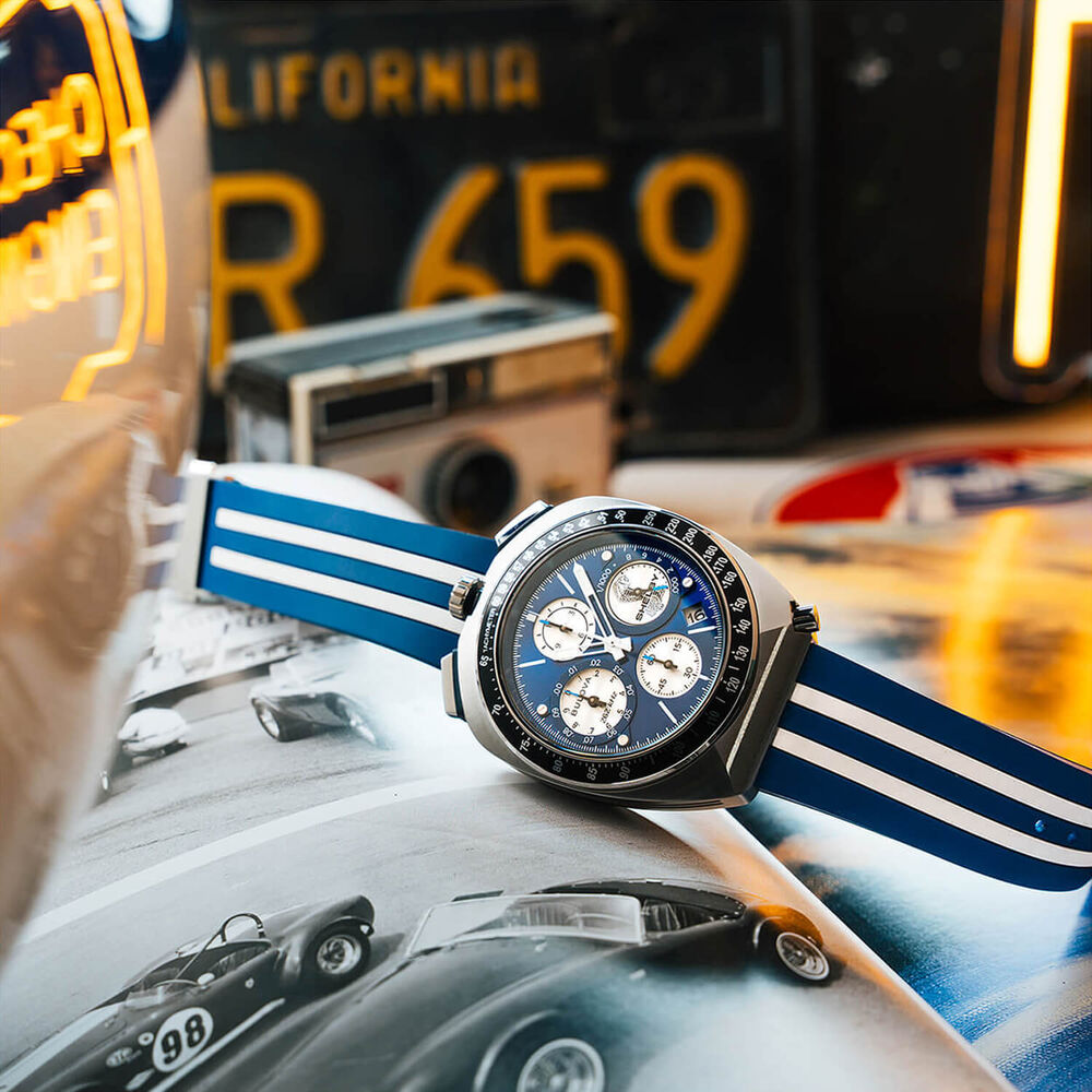 Bulova Shelby Racing Chronograph 43mm Blue Dial Striped Rubber Strap Watch image number 9