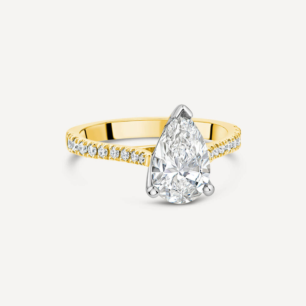 Born 18ct Yellow Gold Lab Grown 1.70ct Pear Solitaire & Diamond Sides Ring image number 2