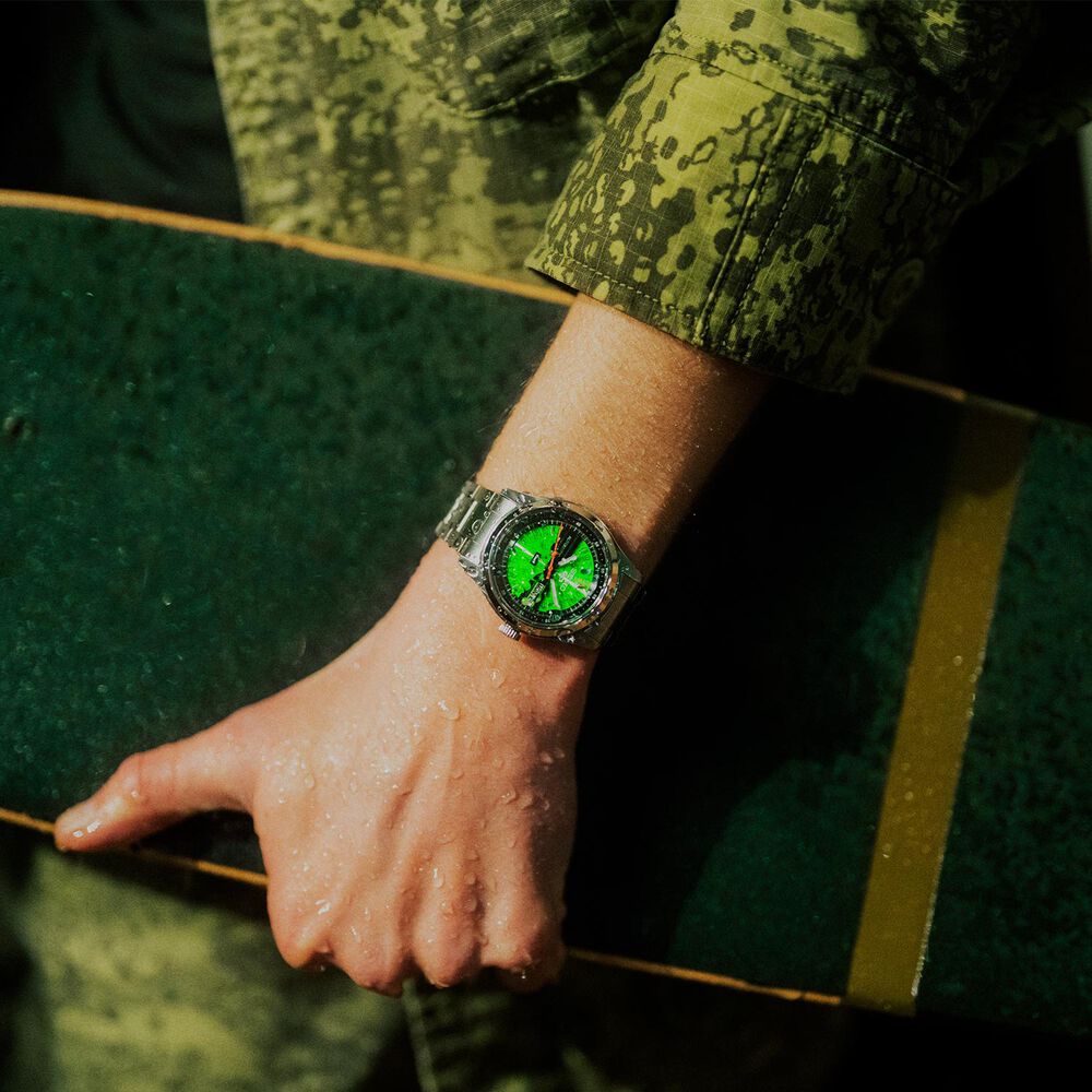 Seiko 5 Sports x HUF II Limited Edition Collaboration 39.4mm Green Dial Steel Bracelet Watch image number 6