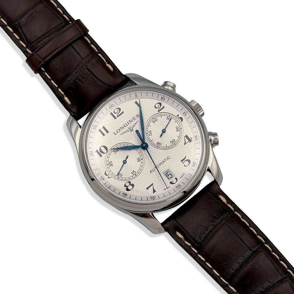 Pre-Owned Longines Master Collection Chronograph 40mm Silver Dial Brown Leather Strap Watch image number 1