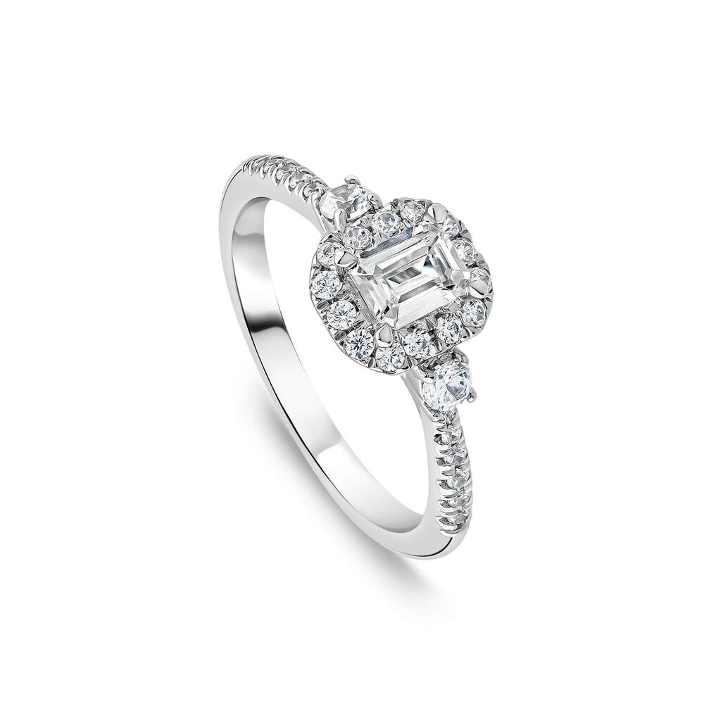 Orchid Setting 18ct White Gold 0.75ct Emerald Cut Halo Sides Diamond Shoulders Engagement Ring