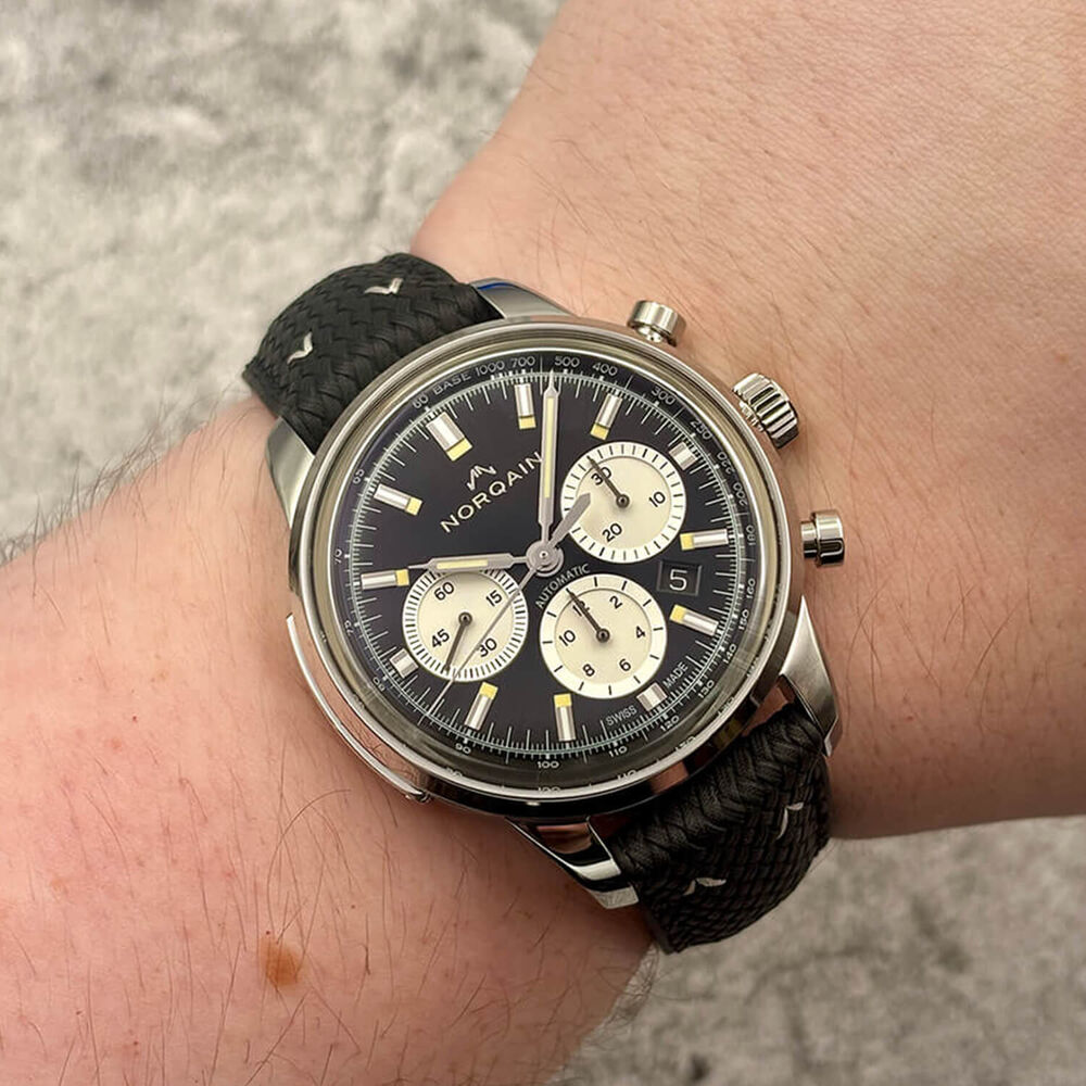NORQAIN Freedom 60 Chronograph 43mm Black Dial & Silver Counters Perlon Rubber Strap Watch image number 2