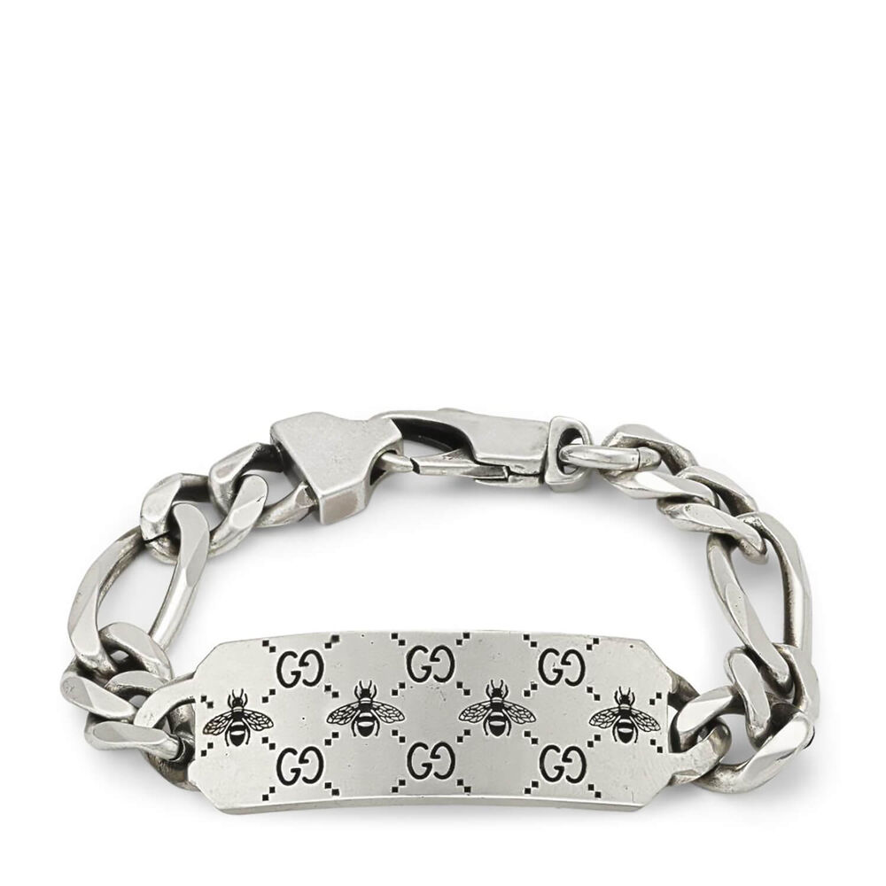 Gucci Signature Silver Interlocking Bee-Motif Tag Bracelet  (Size XL, 7.5")