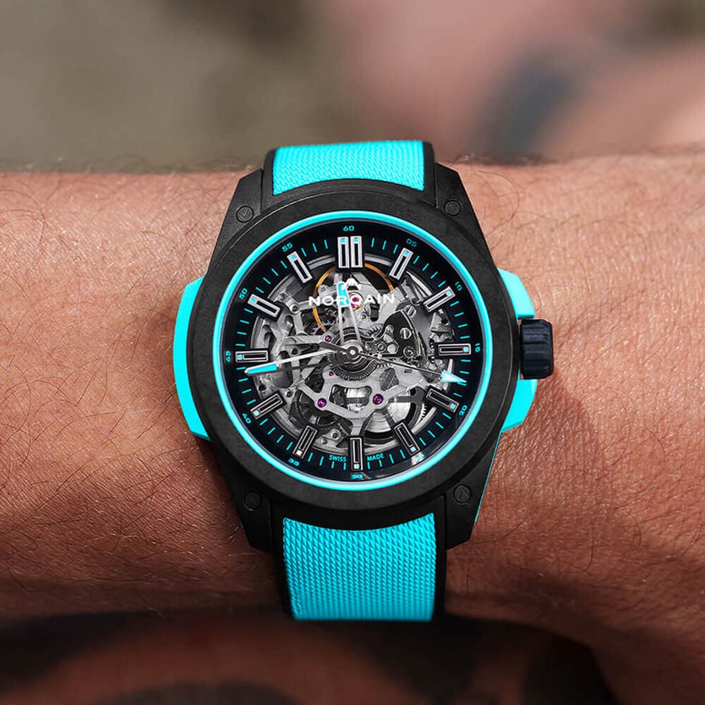 NORQAIN Wild ONE Skeleton 42mm Dial Turquoise Rubber Strap Watch