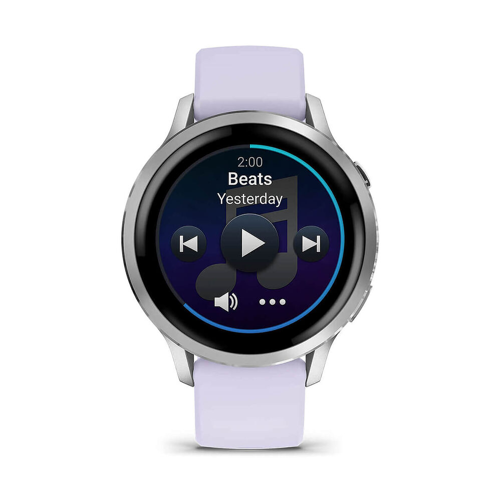 Garmin Venu 4 41mm Silver Bezel Periwinkle Silicone Strap Watch image number 2