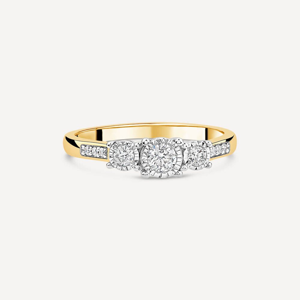 9ct Yellow Gold 0.33ct Illusion Three Stones & Diamond Shoulders Ring image number 2