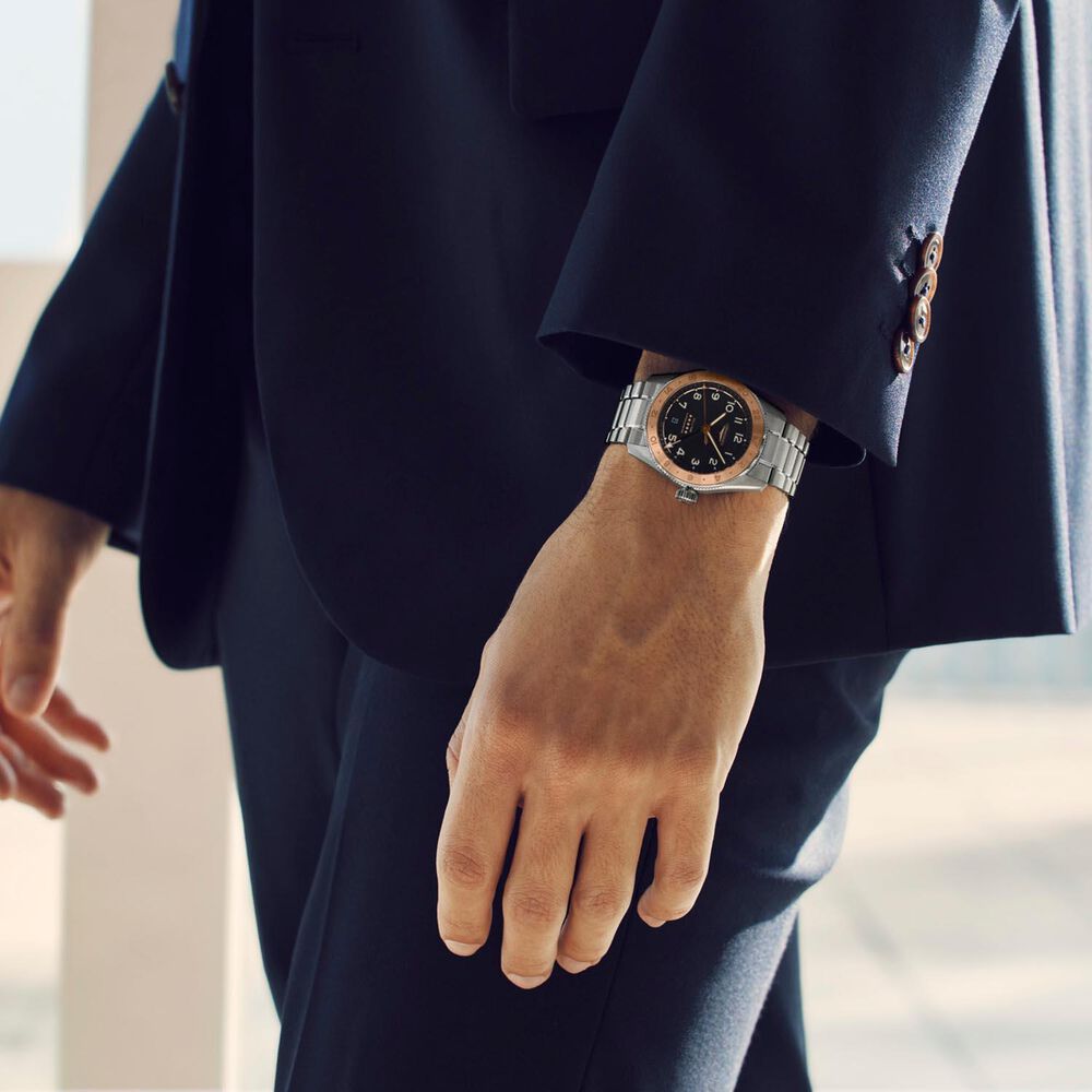 Longines Spirit Zulu Time 1925 39mm Black Dial 18kt Rose Gold Bezel Steel Bracelet Watch image number 9