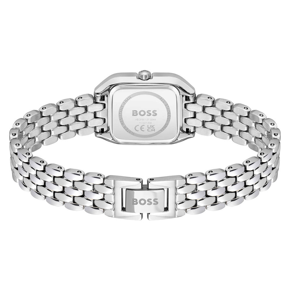 BOSS Mae Petite 22mm Square Silver Dial Gold Tone Bezel Steel Bracelet Watch image number 3