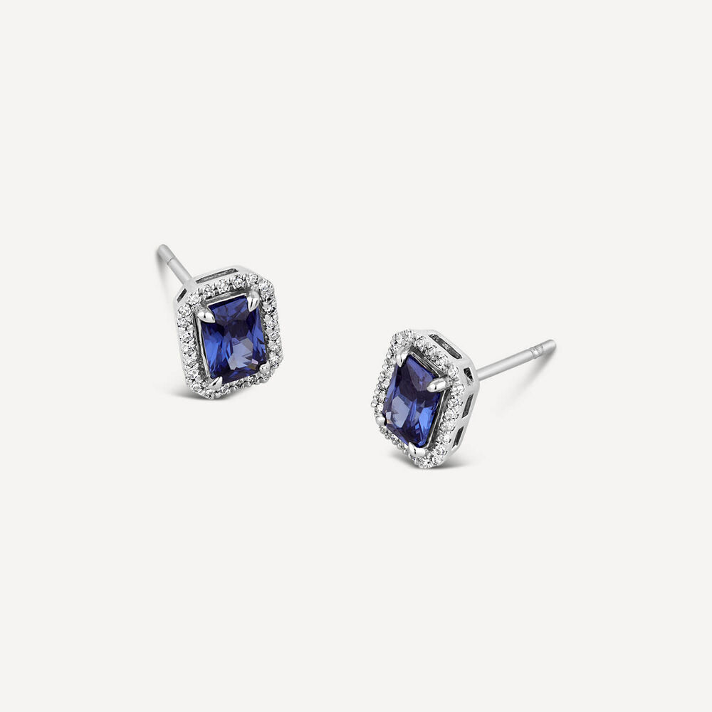 9ct White Gold Created Tanzanite and Diamond Rectangular Created Stud Earrings image number 2