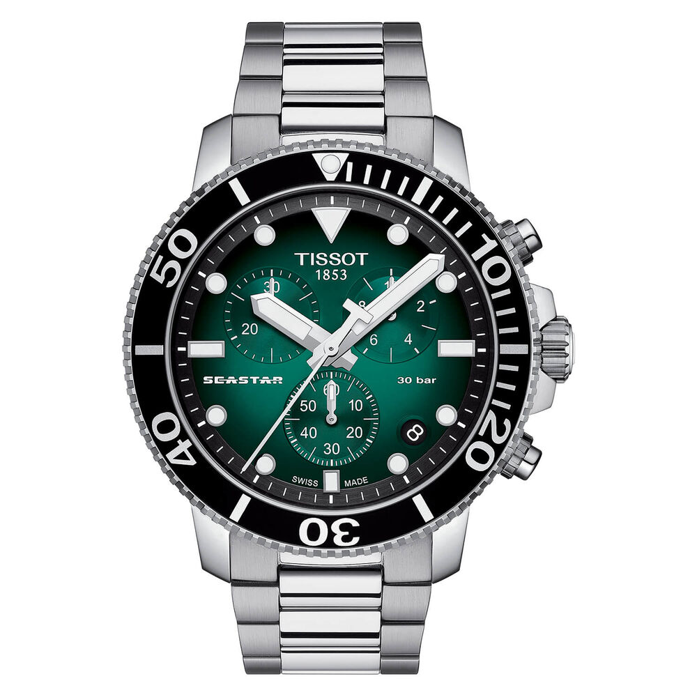 Tissot Seastar 1000 Quartz Chronograph Green Dial Black Bezel Steel Case Bracelet Watch image number 0