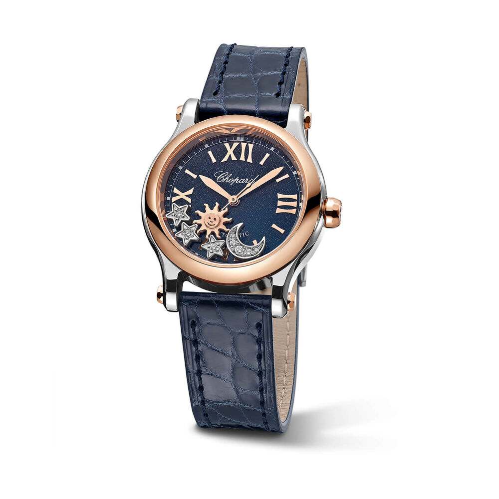 Chopard Happy Sport Sun, Moon and Stars 30mm Blue Dial 0.33ct Diamonds Leather Strap Watch image number 2
