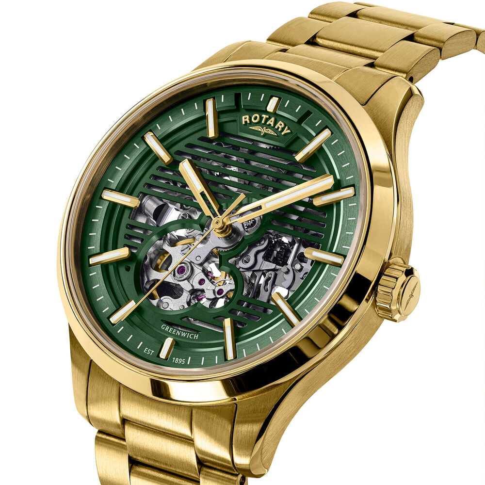 Rotary Greenwich Skeleton 42mm Green Dial Gold Plated Stainless Steel Bracelet Watch