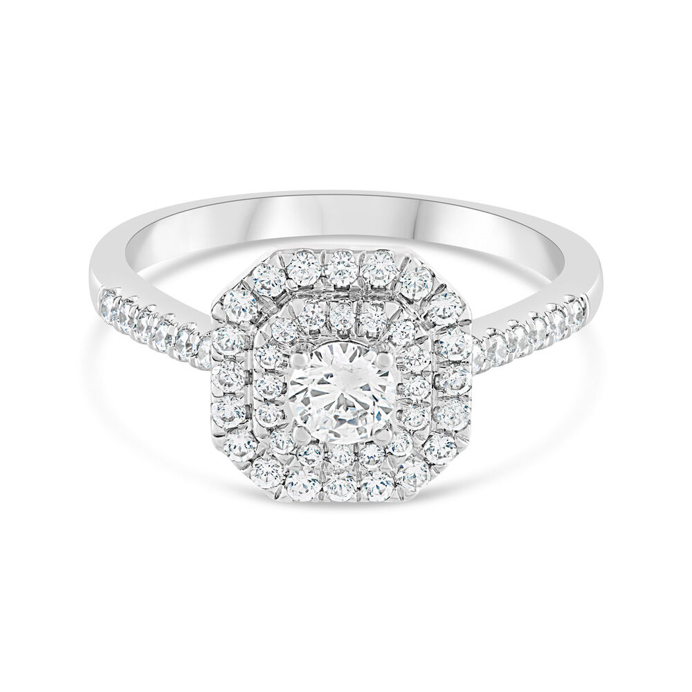 18ct White Gold 0.61ct Round Diamond Double Hexagonal Halo and Shoulders Ring image number 4