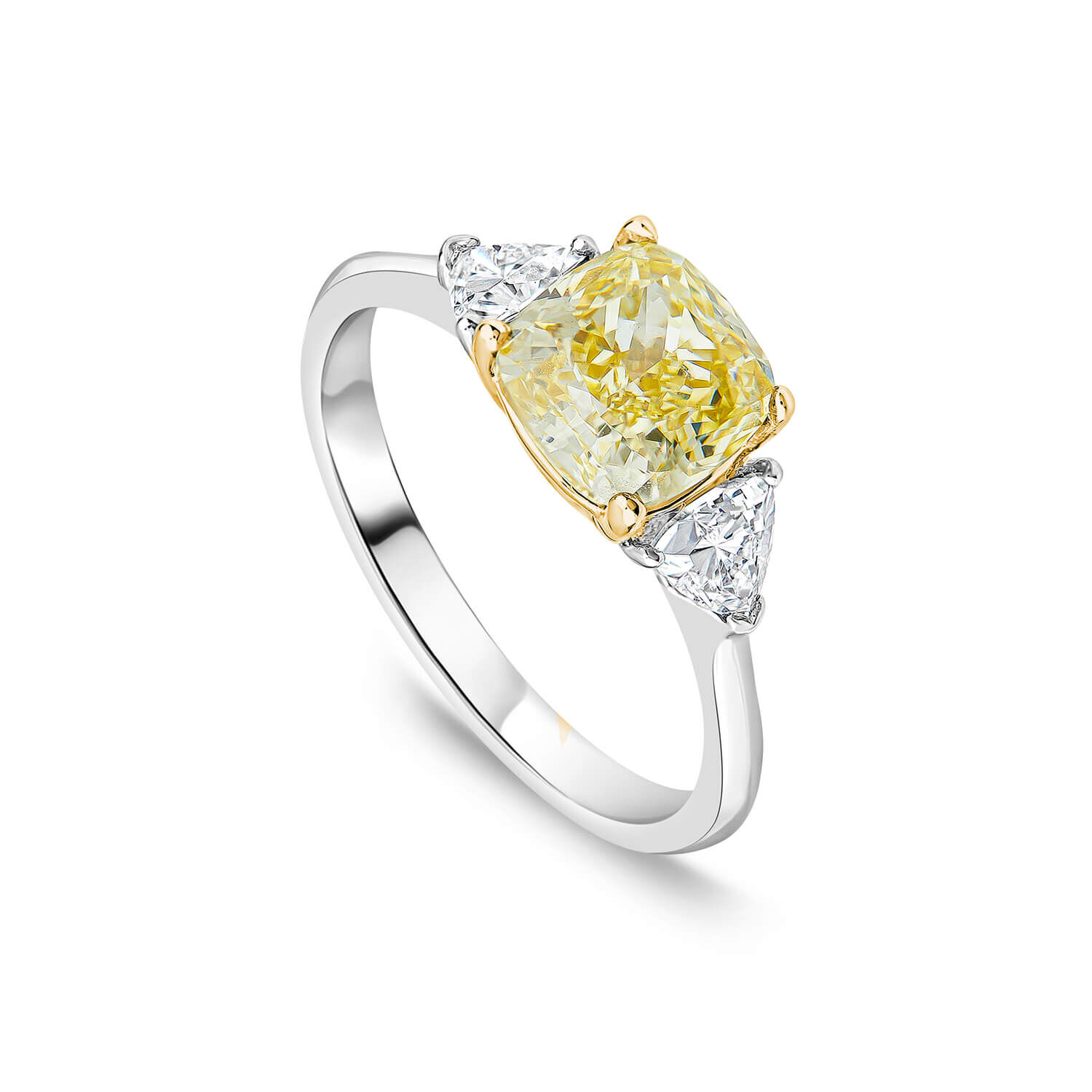 Born Platinum 18ct YG Head 2.50ct Yellow Cushion Centre Trilogy Lab Grown Diamond Sides Ring