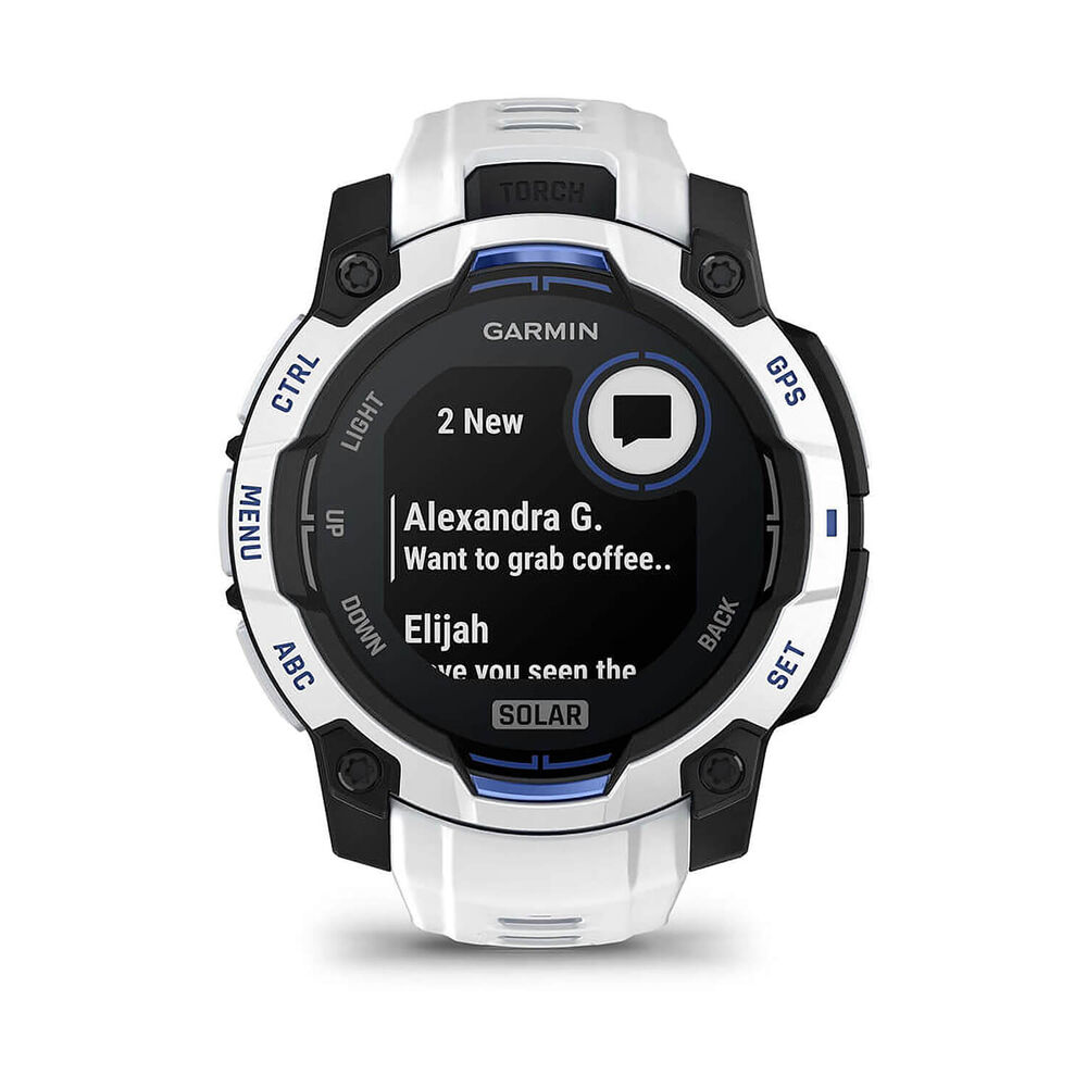 Garmin Instinct 3 45mm Solar Whitestone Bezel Whitestone & Bolt Blue Silicone Strap Watch image number 2