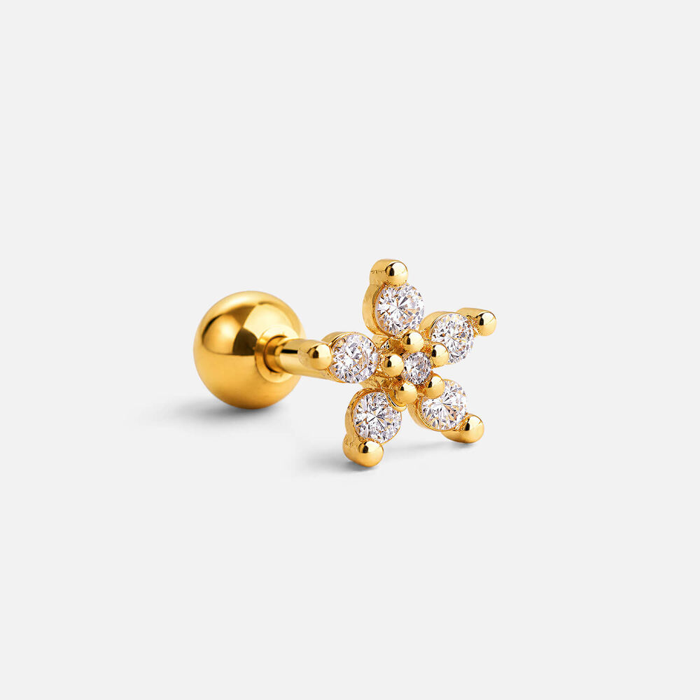 Yellow Gold Plated Vermeil Sterling Silver Cubic Zirconia Flower Single Stud Earring