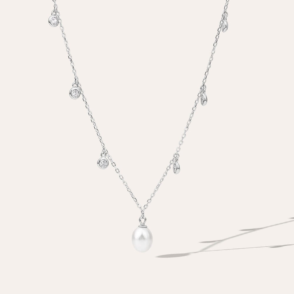 Sterling Silver Freshwater Pearl & Cubic Zirconia Droplets Necklet