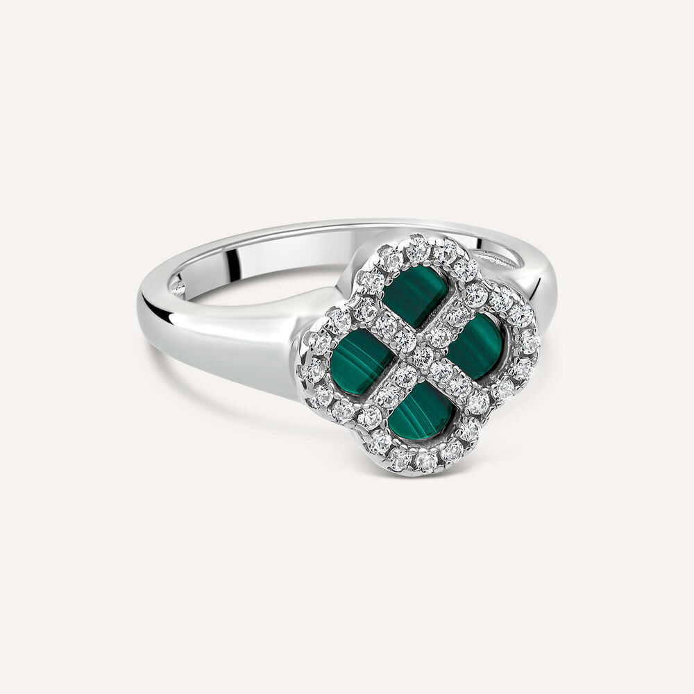 Sterling Silver Malachite Cubic Zirconia Clover Petal Ring image number 2