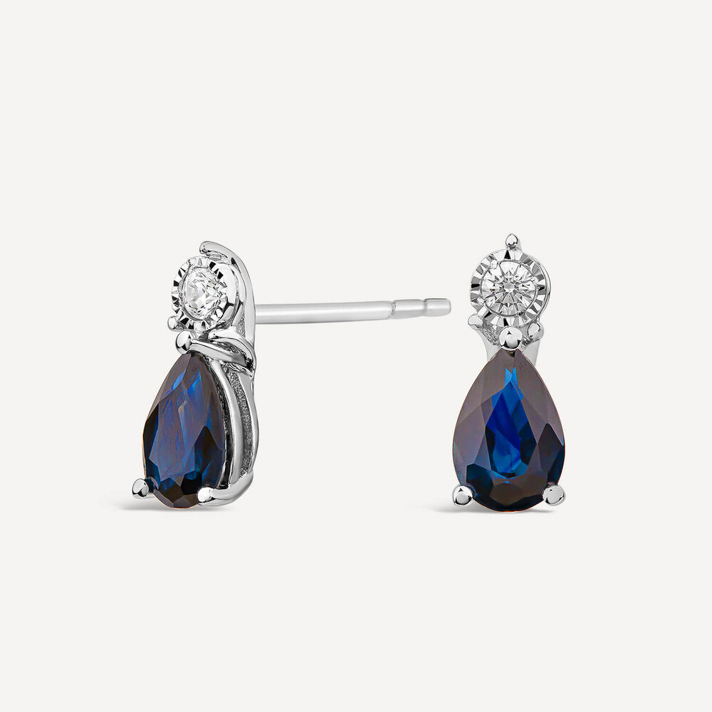 9ct White Gold Pear Sapphire & Diamond Top Drop Earrings