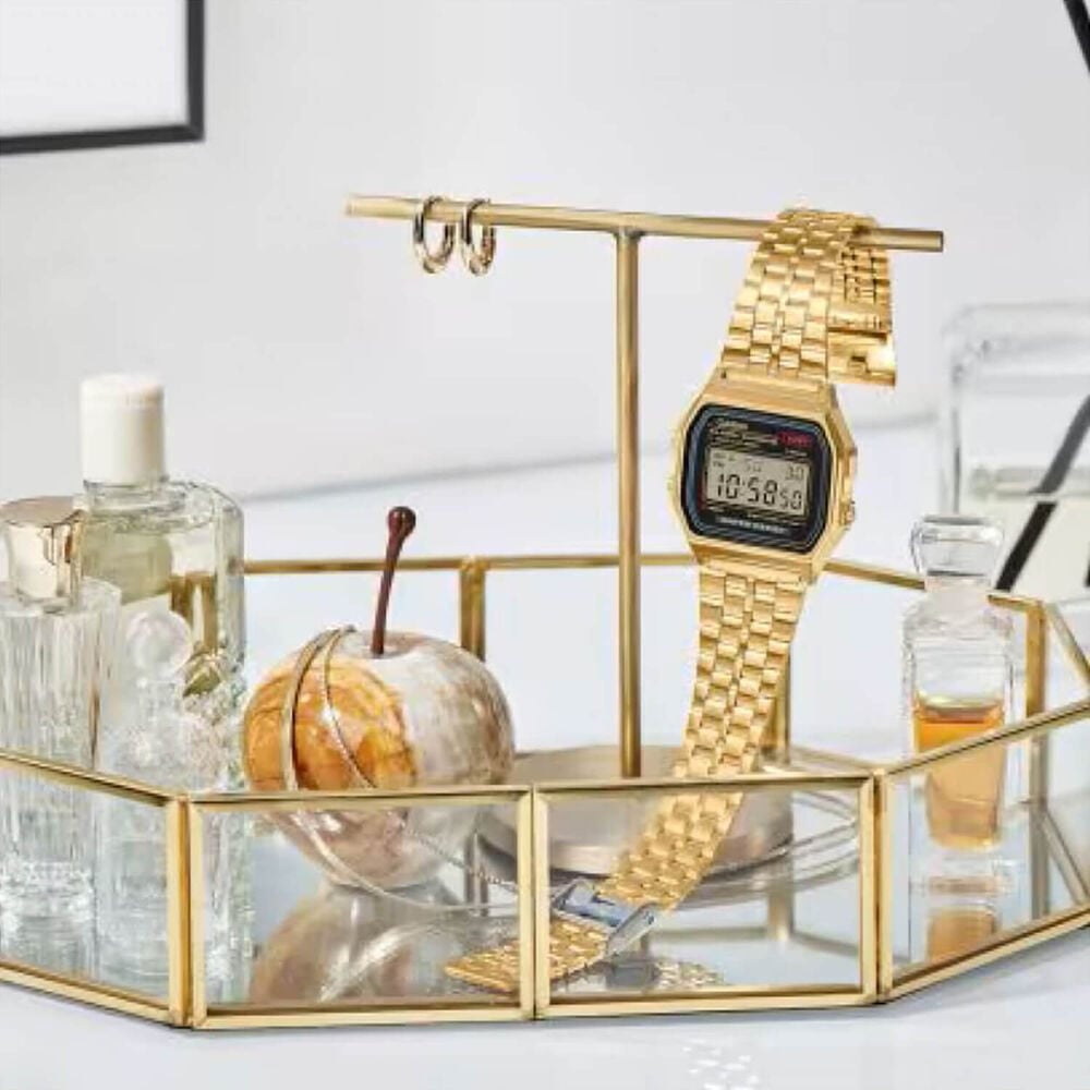 Casio Vintage 36.8x 33.2mm Black Digital Display Gold Tone Stainless Steel Bracelet Watch