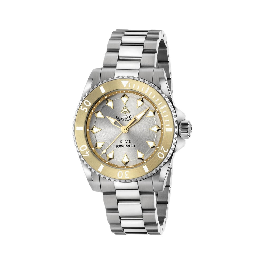 Gucci Dive 40mm Silver Dial Yellow Gold Bezel Stainless Steel Bracelet Watch image number 0