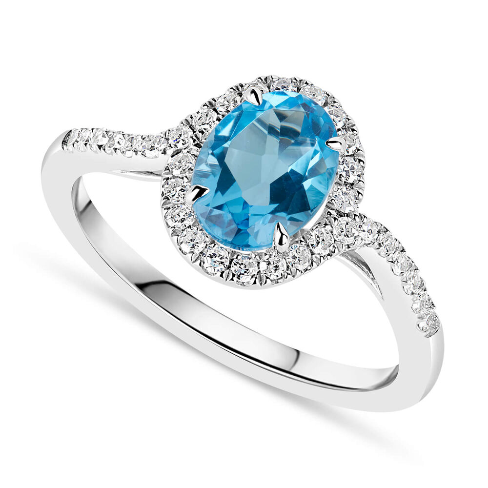9ct White Gold 0.22ct Diamond and Blue Topaz Halo Wave Ring