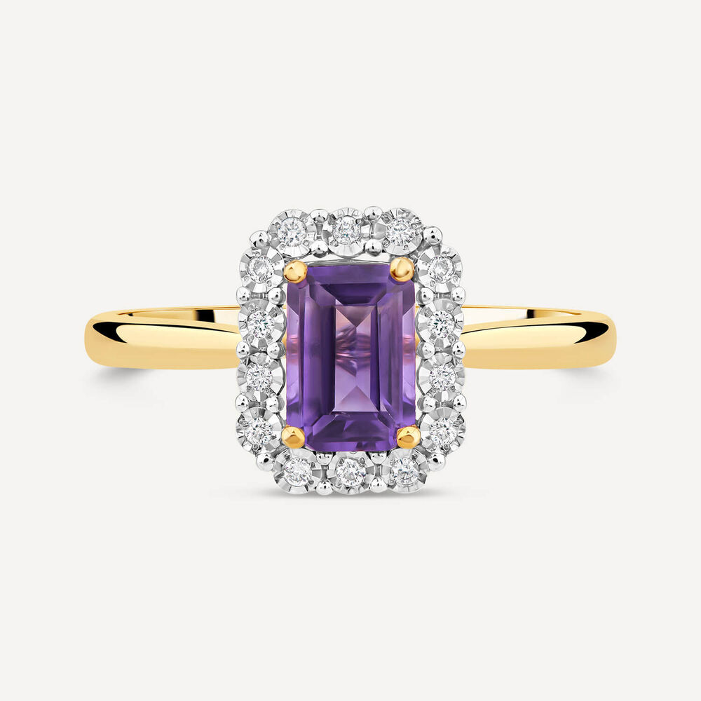 9ct Yellow Gold Rectangular Amethyst Centre 0.06ct Diamond Halo Ring image number 1