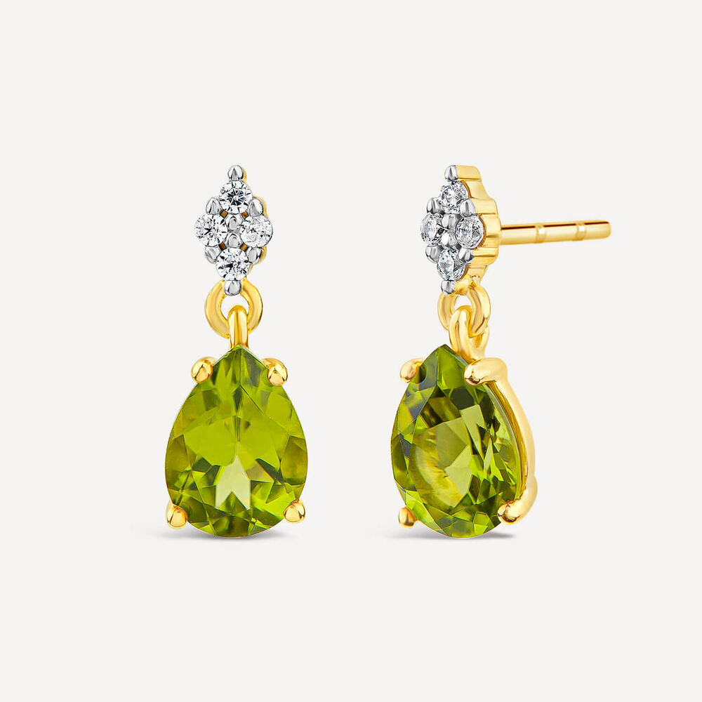9ct Yellow Gold Pear Peridot & 0.06ct Diamond Drop Earrings image number 1
