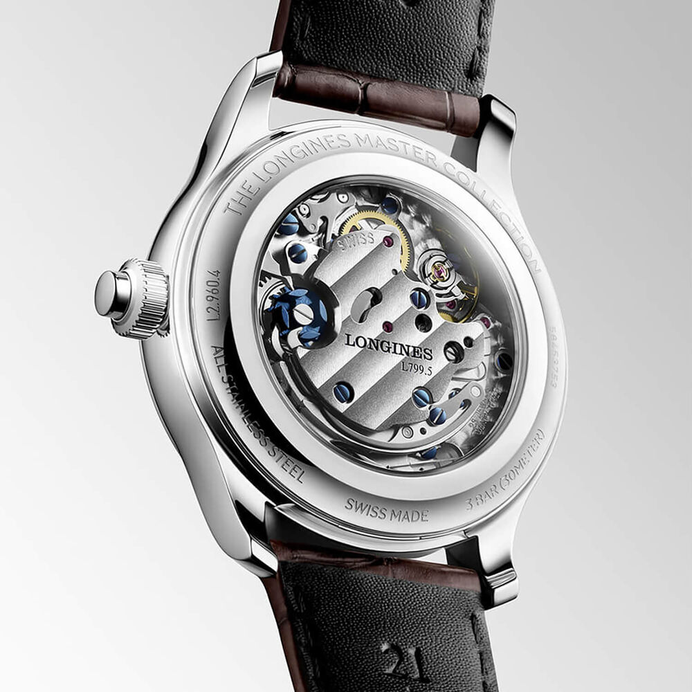Longines Master Collection Chrono Moonphase 41mm Silver Barleycorn Dial Leather Strap Watch