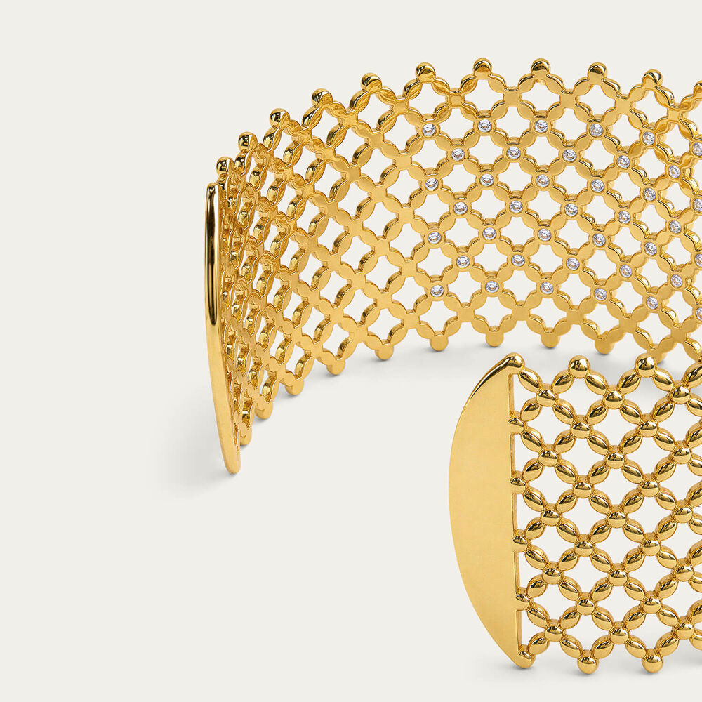 Yellow Gold Plated Sterling Silver Cubic Zirconia Filigree Cuff Bangle