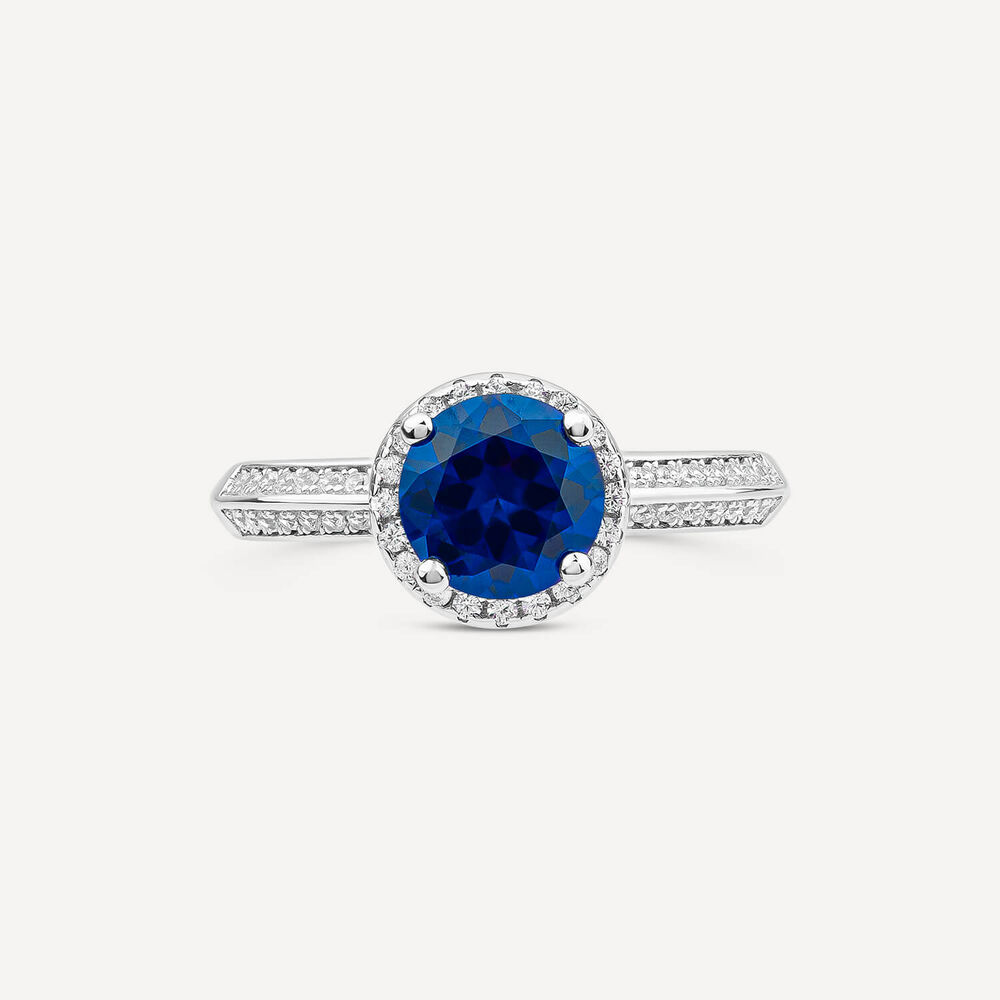 Sterling Silver Blue Centre Stone & Cubic Zirconia Shoulders Ring image number 1