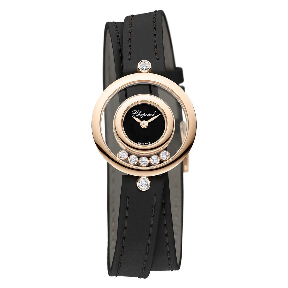 Chopard Happy Diamonds 26mm Black Dial Rose Gold Plated Case Leather Strap Watch