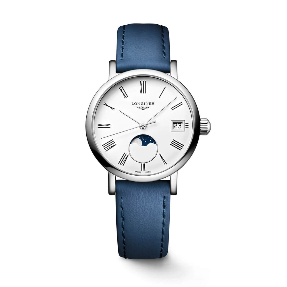 Longines Elegant 30mm White Dial Moonphase Blue Leather Strap Watch image number 0