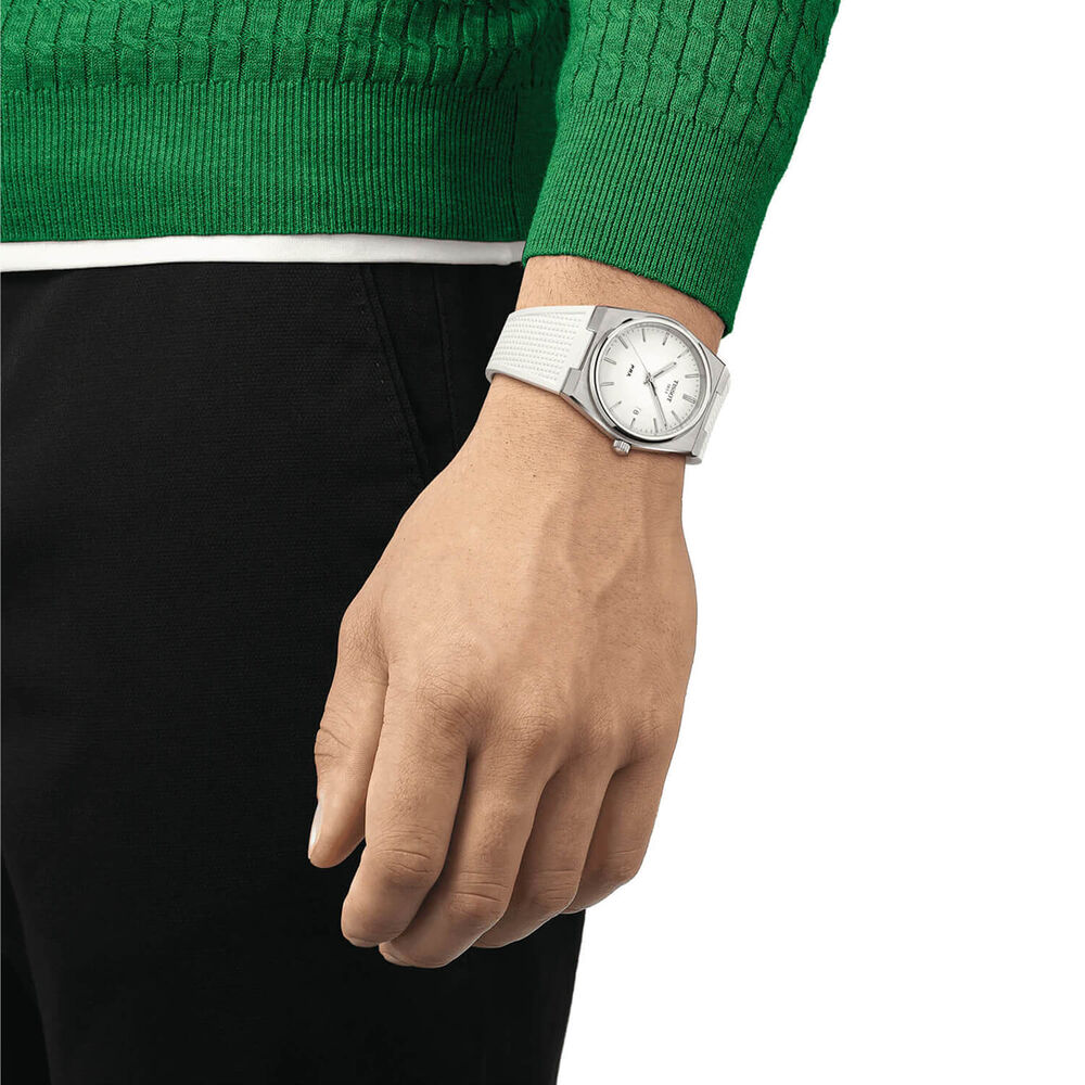 Tissot PRX Quartz 40mm White Dial Steel Case White Rubber Strap Watch image number 3