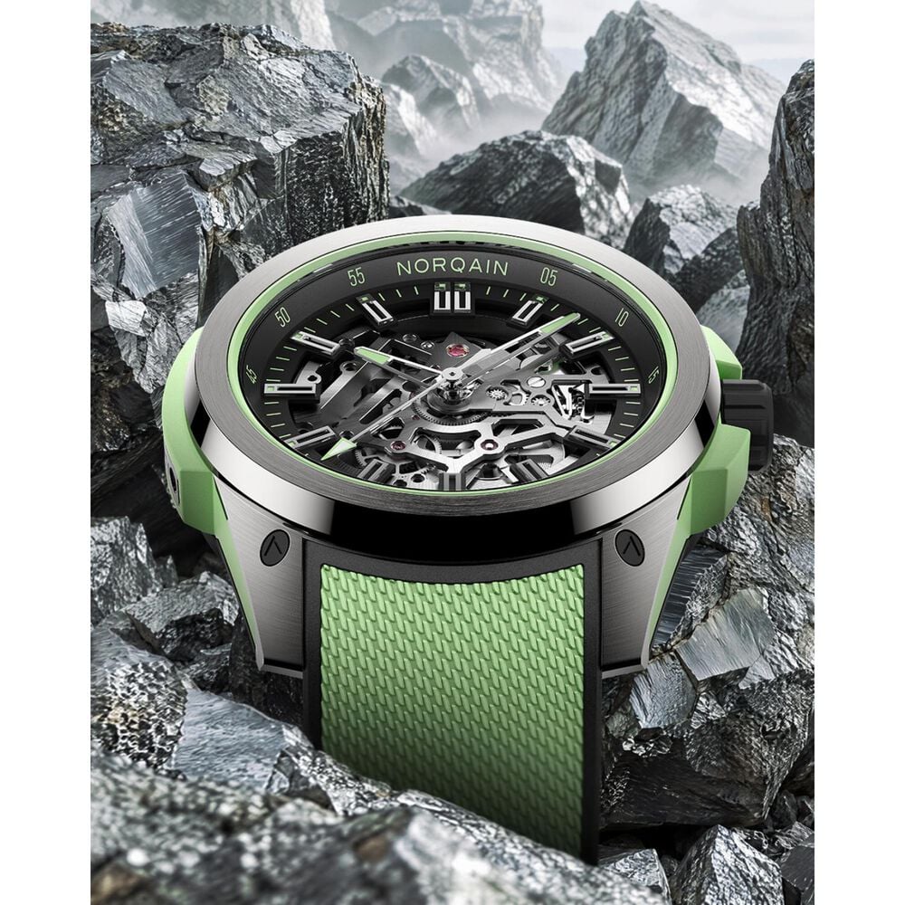 NORQAIN Wild ONE Skeleton 42mm Dial Mint Mesh Rubber Strap Watch