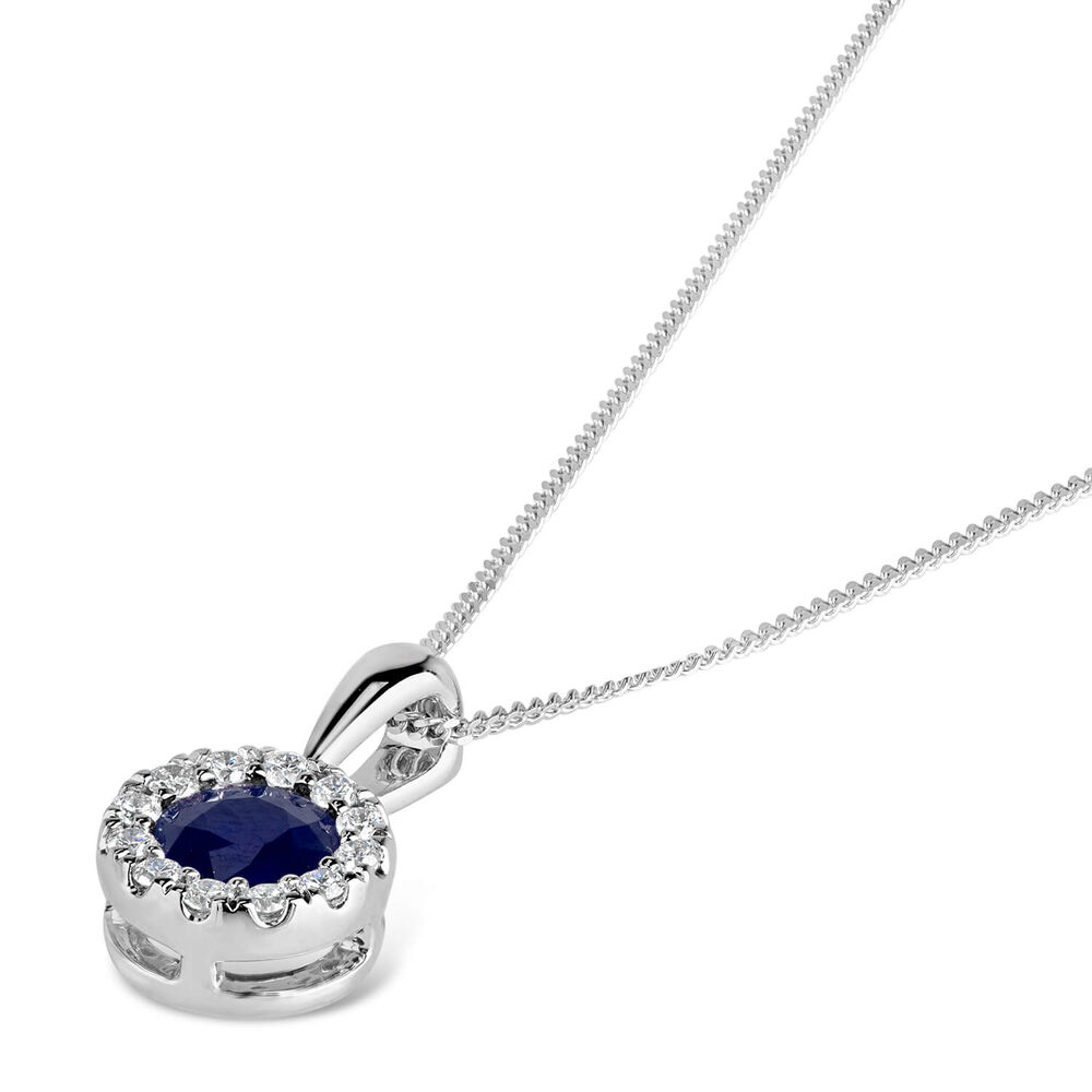9ct White Gold Diamond and Sapphire Round Halo Pendant