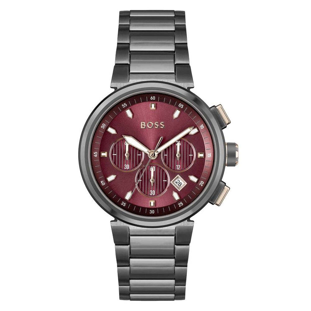 BOSS One 44mm Burgundy Dial Grey PVD Case & Bracelet Chronograph Watch image number 0