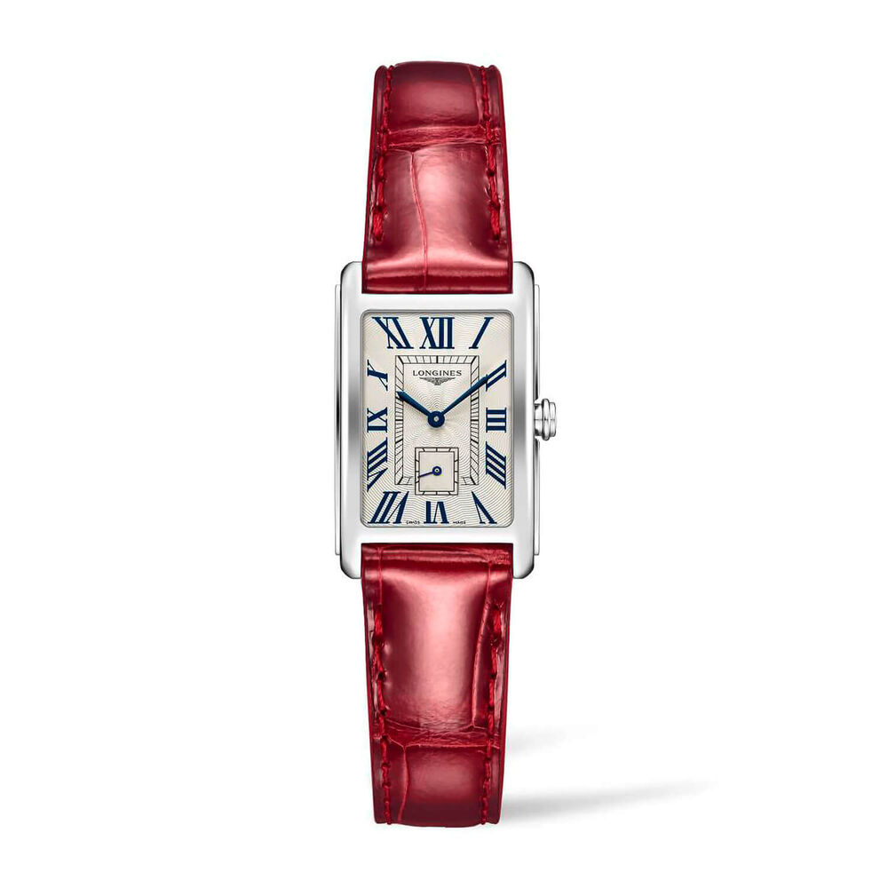 Longines DolceVita Silver With Roman Numeral Dial Steel Case Red Strap Watch image number 0
